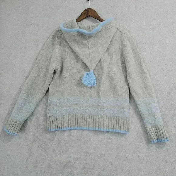 Vintage y2k Old Navy XL Gray Lambswool Pom Pom Hooded Sweater Women's  5PT - Picture 2 of 7